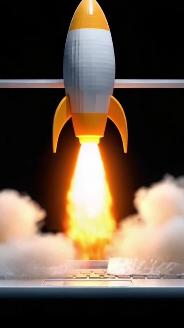 Sequenza di lancio dinamica: Un razzo emerge da uno schermo frantumato, accendendosi con furia esplosiva e lasciando una scia di fiamme nel suo volo ascendente.