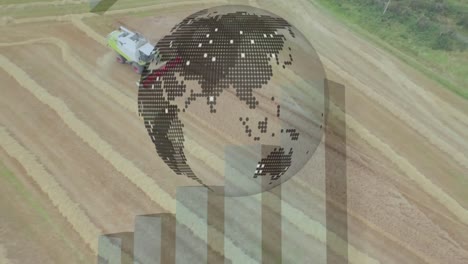 animation of globe and financial data processing over combine in agriculture field