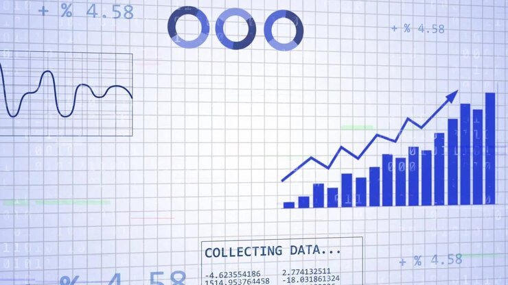 Boksen "INNSAMLER DATA" vises, et blått søyle-linjediagram vokser, binære buer glir, visualiserer vekst.