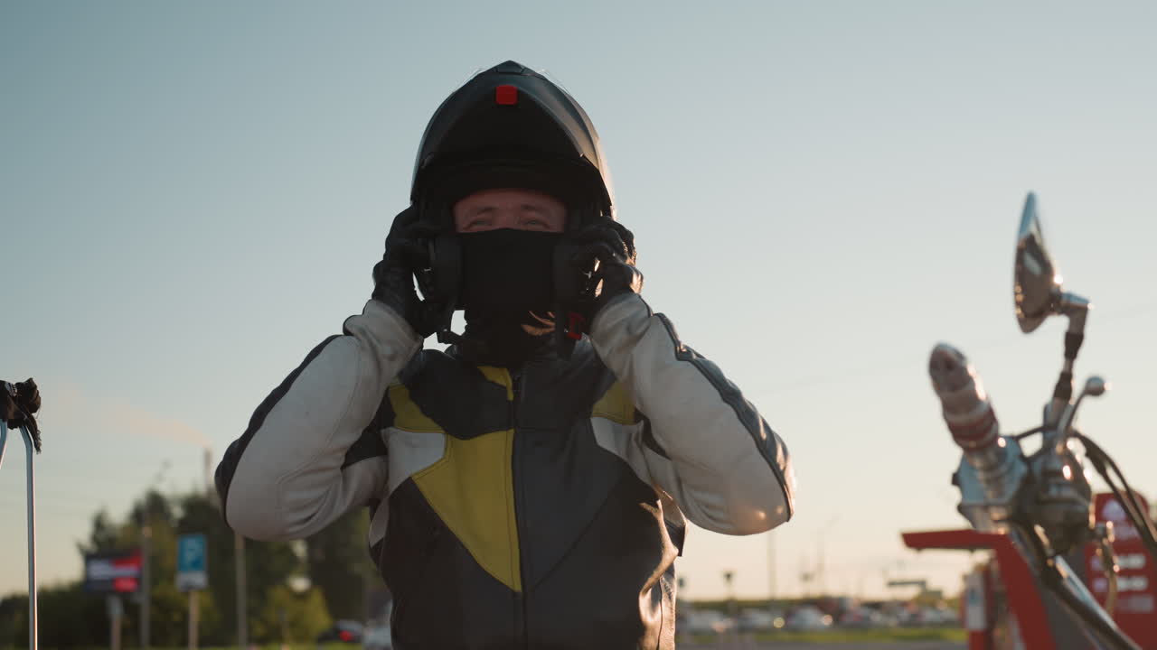 Young man hooks helmet preparing for ride under sunlight wearing leather jacket standing beside motorcycle showing safety discipline confidence and determination with warm glow