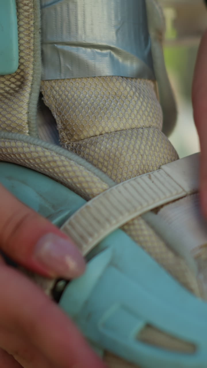 primer plano de la correa de ajuste individual del patín con fondo borroso, capturando detalles de las manos apretando la correa en el zapato de patinaje cian, demostrando la preparación para el patinaje