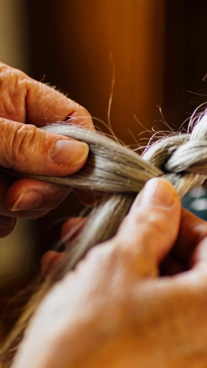 Vertical video: Braiding hands weaving blonde hair into 3-strand braid home, polka dots visible
