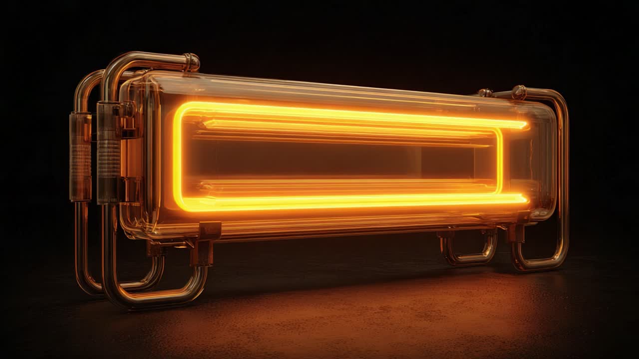 Mysterious steampunk device with a glowing orange neon light filament inside a glass enclosure with copper piping, flickering intensely in a dark, atmospheric environment on a reflective floor