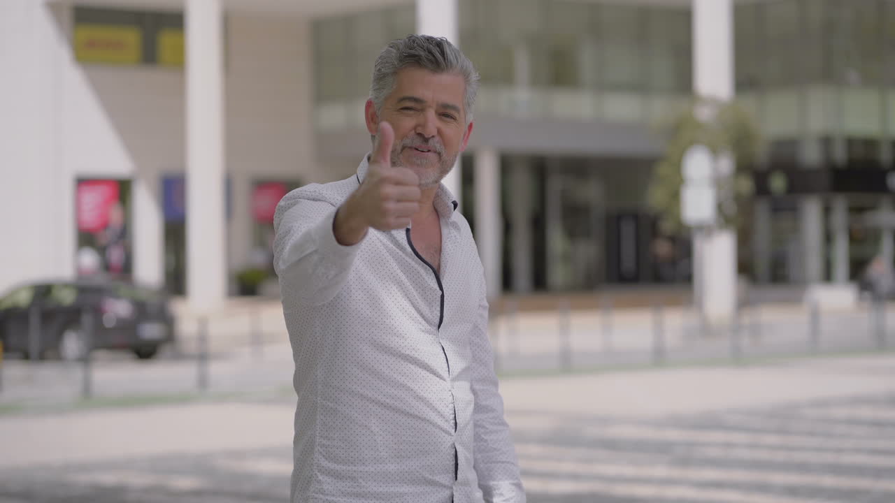 hombre maduro feliz hablando a la cámara