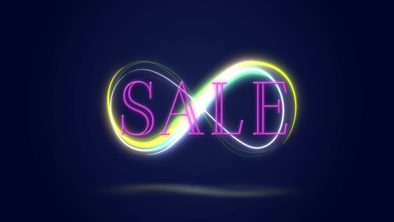 어두운 배경에 반이는 무한 기호 위에 판매 텍스트 애니메이션