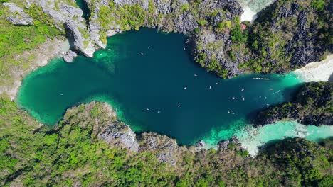 aerial overhead panorama over tropical big lagoon in el nido on a sunny day