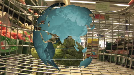 Blue-globe-animation-spinning-over-shopping-cart-in-grocery-store-aisle