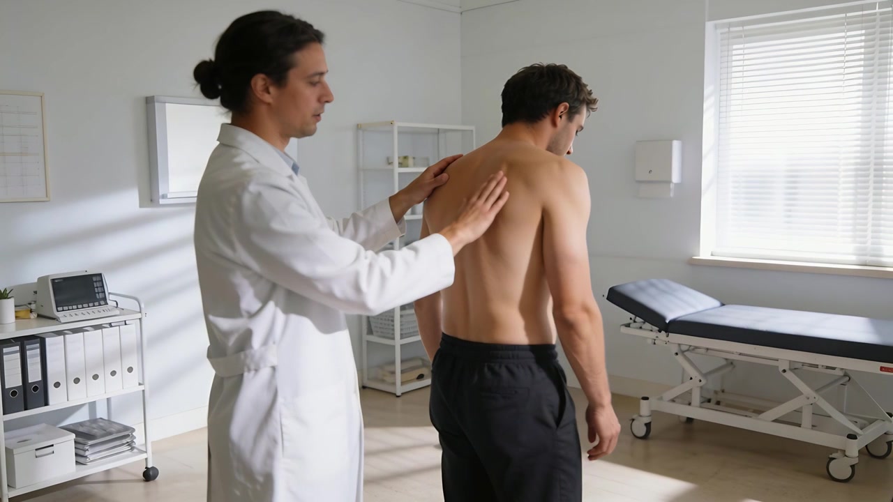 Clínico palpando con bata de laboratorio la espalda de un paciente sin camisa en la clínica después de inclinarse hacia adelante