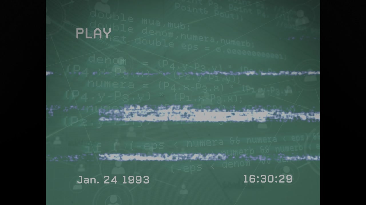 Animación de pantalla con interfaz digital, red de conexiones y procesamiento de datos con efecto glitch