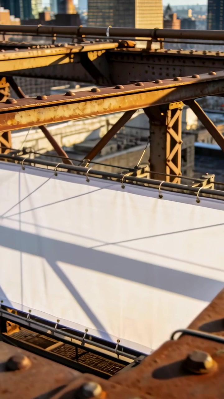 Vertical video: Panning camera revealing rusty beam on roof tarp exposing hex bolts for inspection