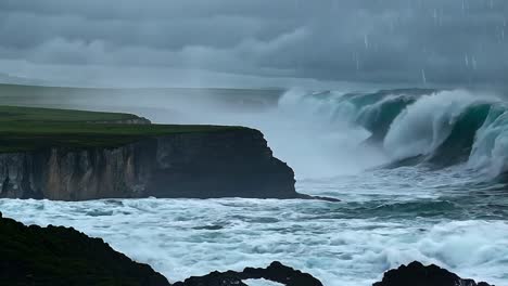 powerful storm unleashes ocean waves crashing against a rocky coastline, surrounded by dark clouds and turbulent skies