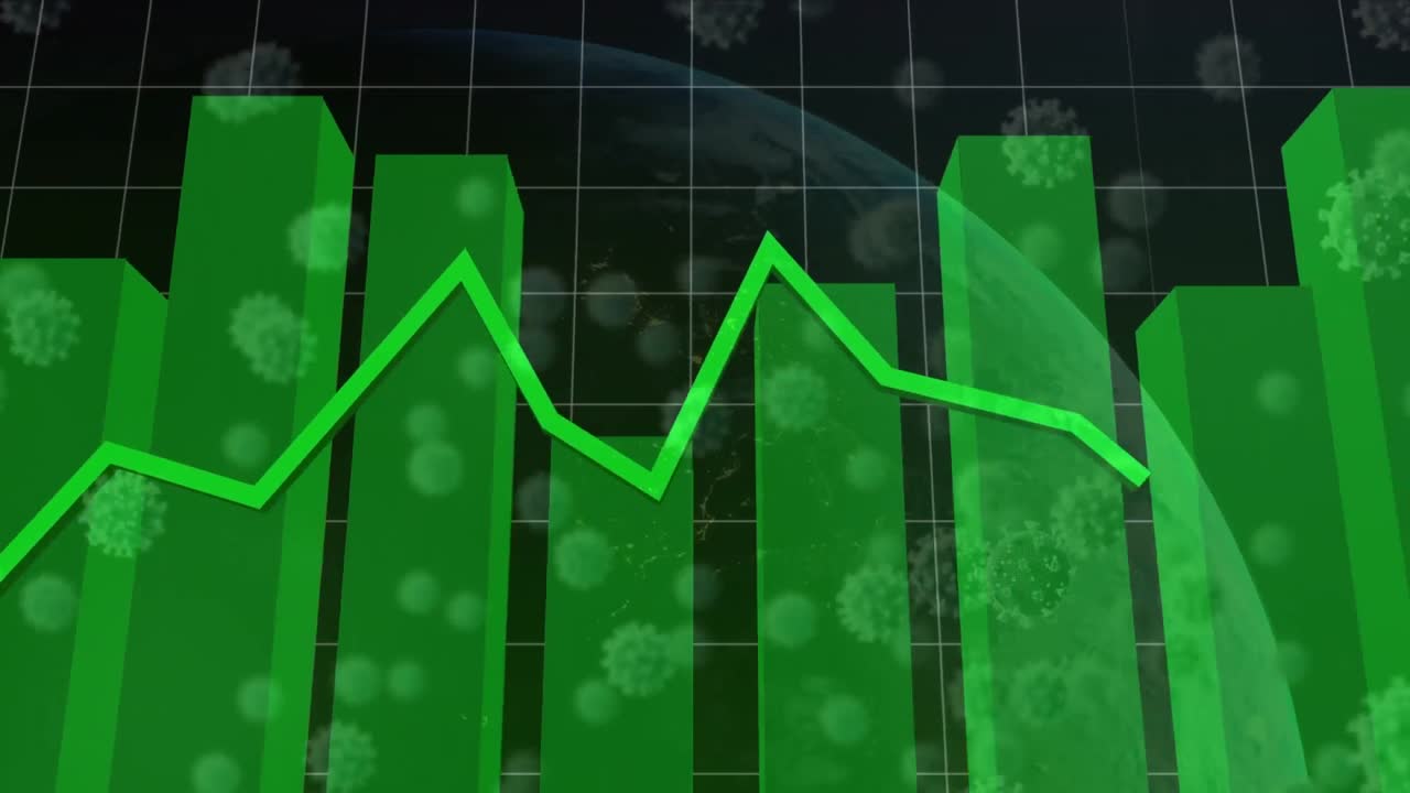 animación de procesamiento de datos estadísticos y células de covid-19 flotando contra el globo.