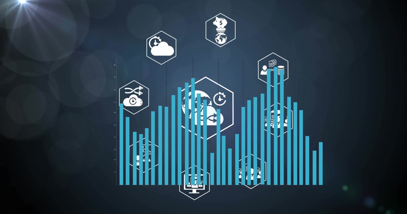 Animazione di elaborazione di dati statistici su icone digitali, con un punto luce su sfondo blu.
