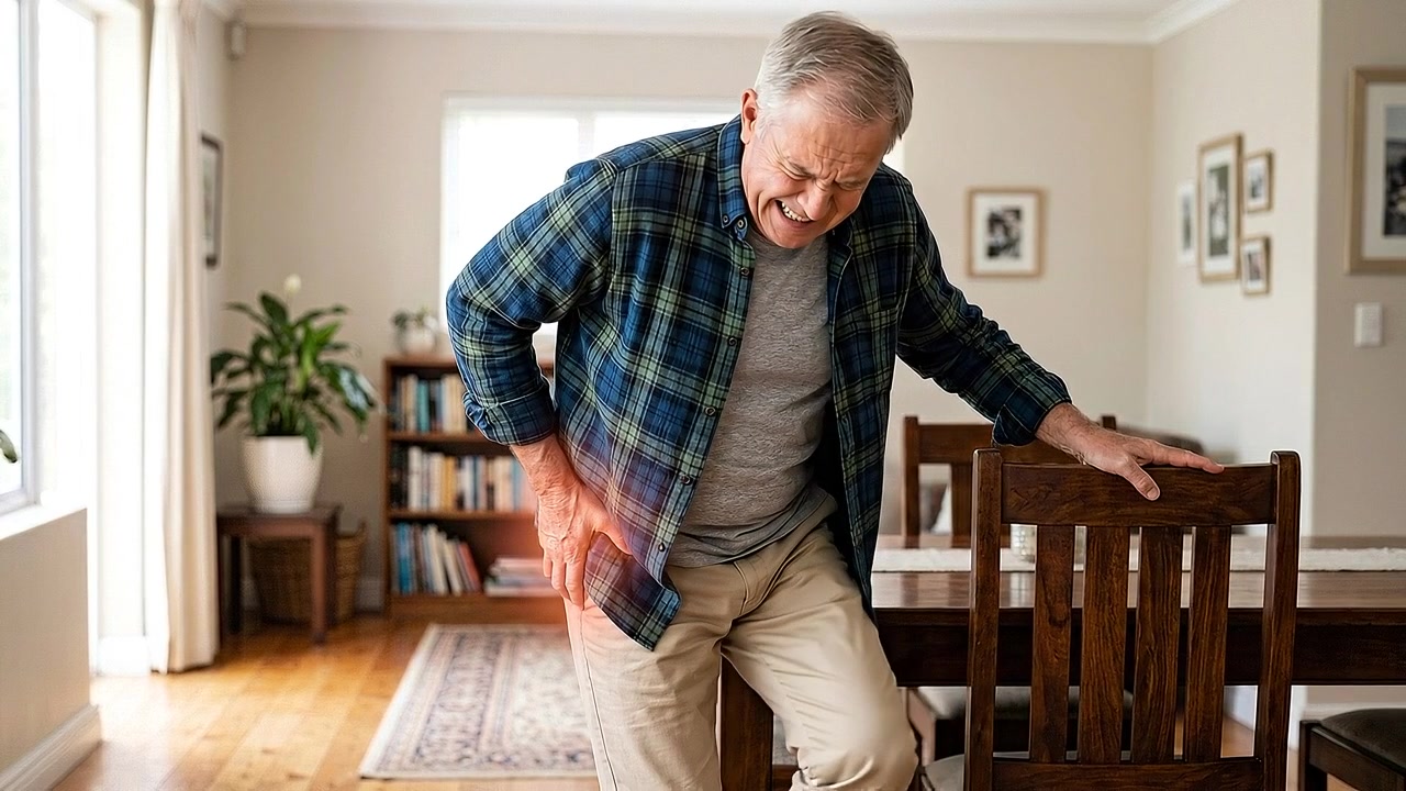 Older man pressing lower back while standing beside chair at home in medical view