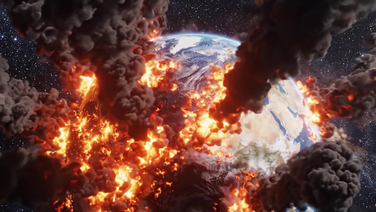 An Explosive Catastrophe Unfolds: A Dramatic Visual of Earth's Destruction by Fiery Eruptions and Dark Smoke Enveloping the Planet in Cosmic Chaos