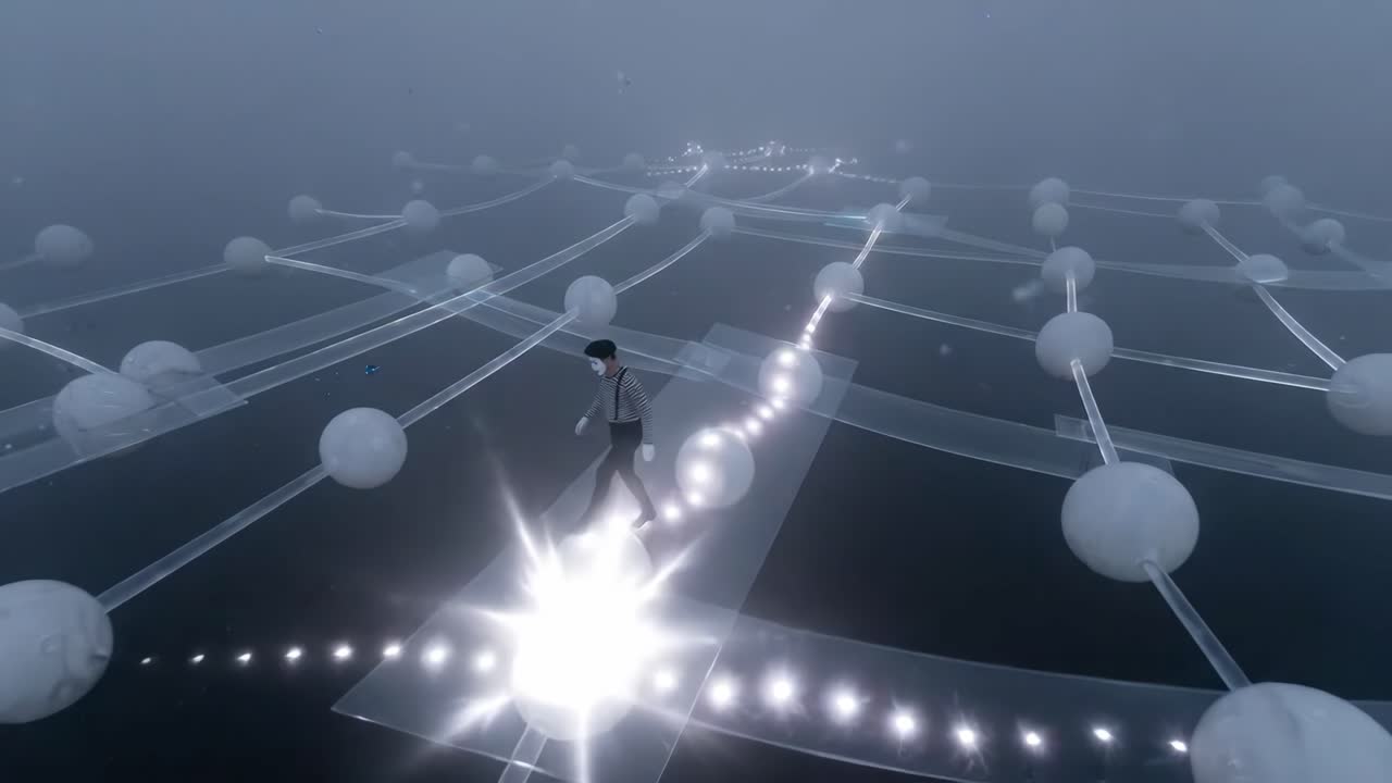 Mime marchant sur des sphères lumineuses de réseau numérique dans le brouillard