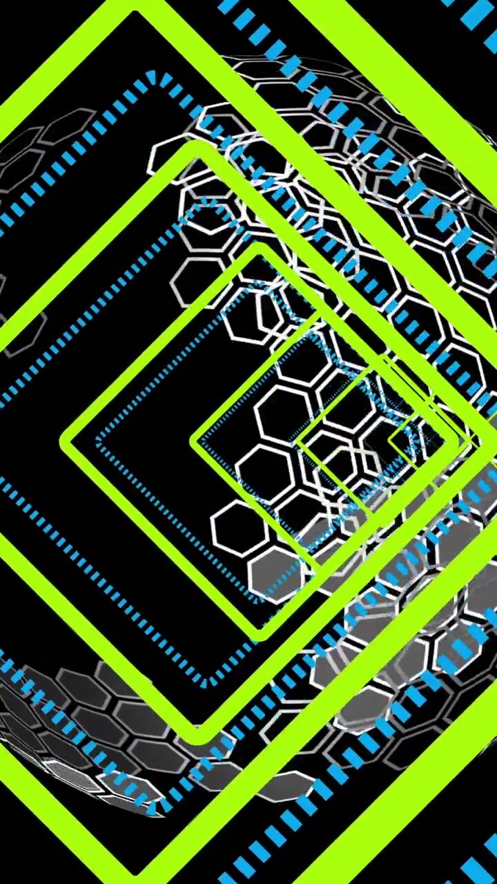 Animazione di forme e un tunnel digitale su sfondo nero