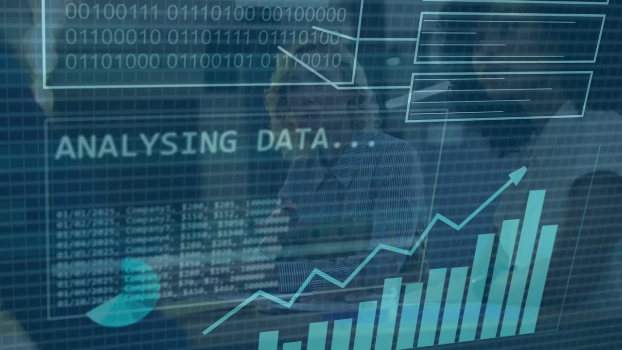 Team peker på dokumenter, aktiverer forretningsoverlegg som viser prosent, binært panel analyserer data.