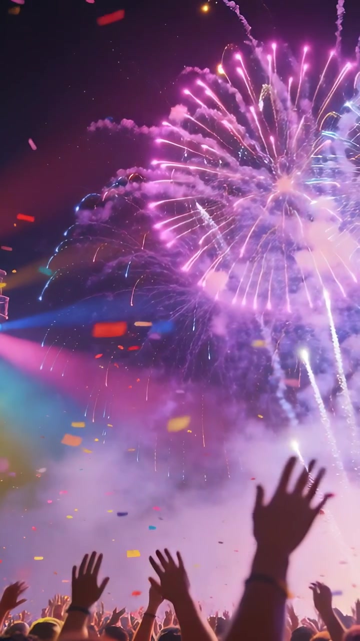 Video verticale: Fuochi d'artificio che esplodono e illuminano la folla che agita le mani durante una celebrazione, con luci e coriandoli