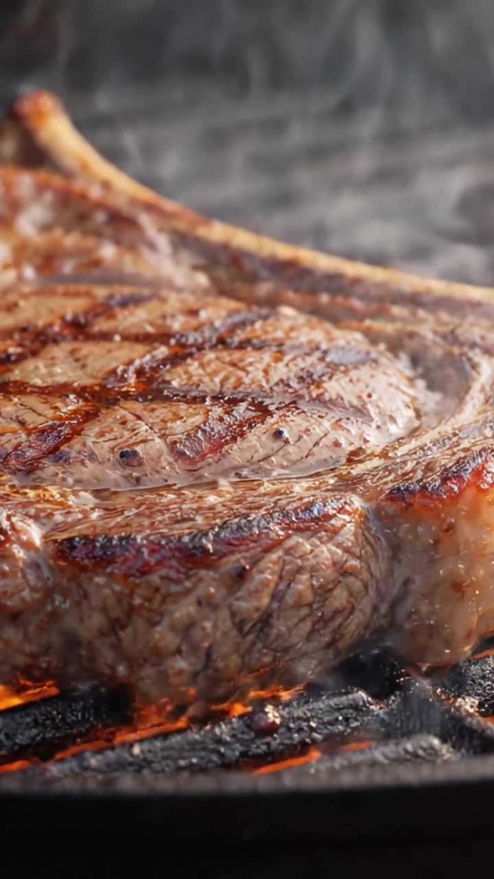 Bistecca di ribeye sfrigolante cotta alla perfezione su fiamme di carbone, che evidenzia la consistenza succosa e i segni di griglia appetitosi.