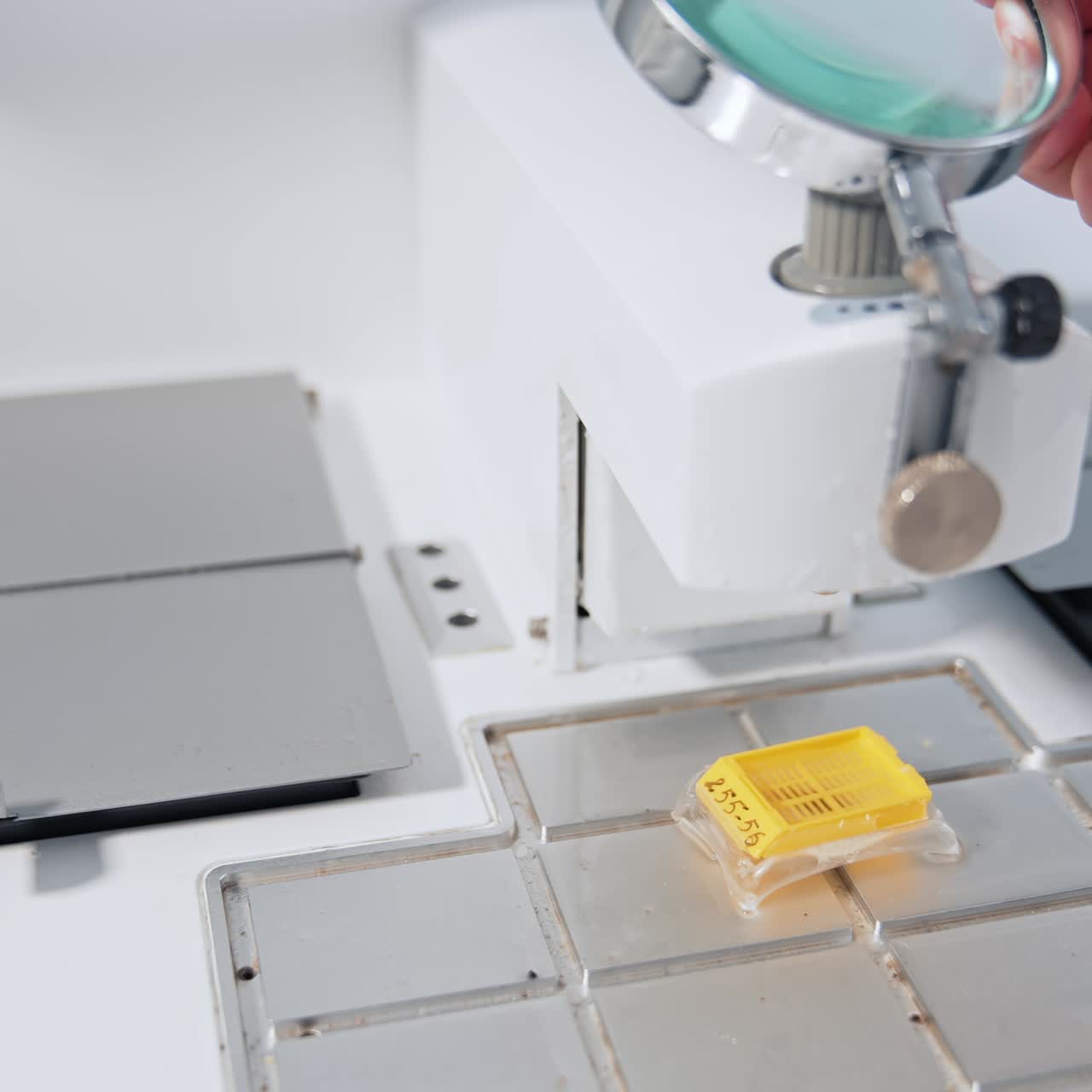 Woman scientist working with modern microscope. Female scientist studies biological samples through the microscope in the laboratory