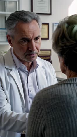 adult physician talking to his patient in the office.