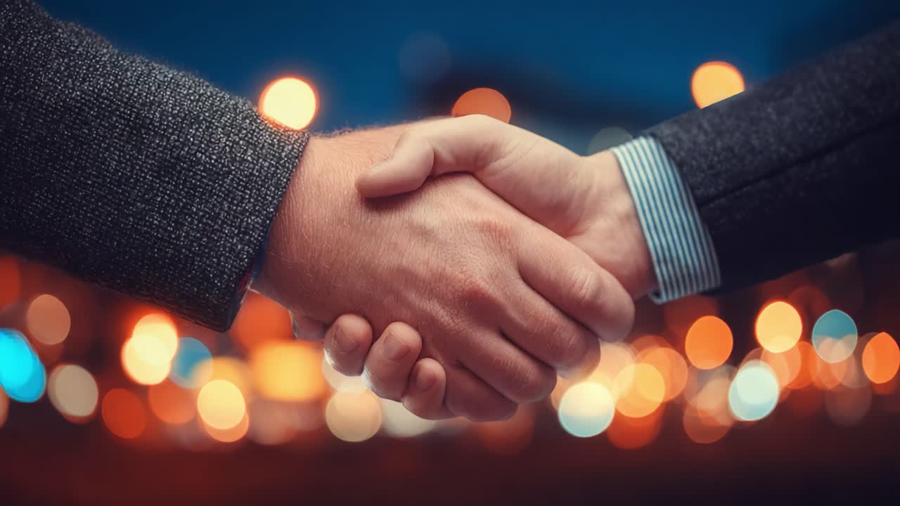 A Powerful Moment of Unity: Two Hands Engaged in a Firm Handshake Against a Beautifully Blurred Evening Background, Signifying Agreement and Partnership