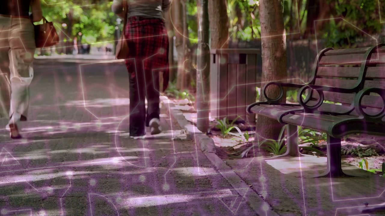 Woman tapping phone, standing and walking, resuming park walk, overlay tinting frame for marketing