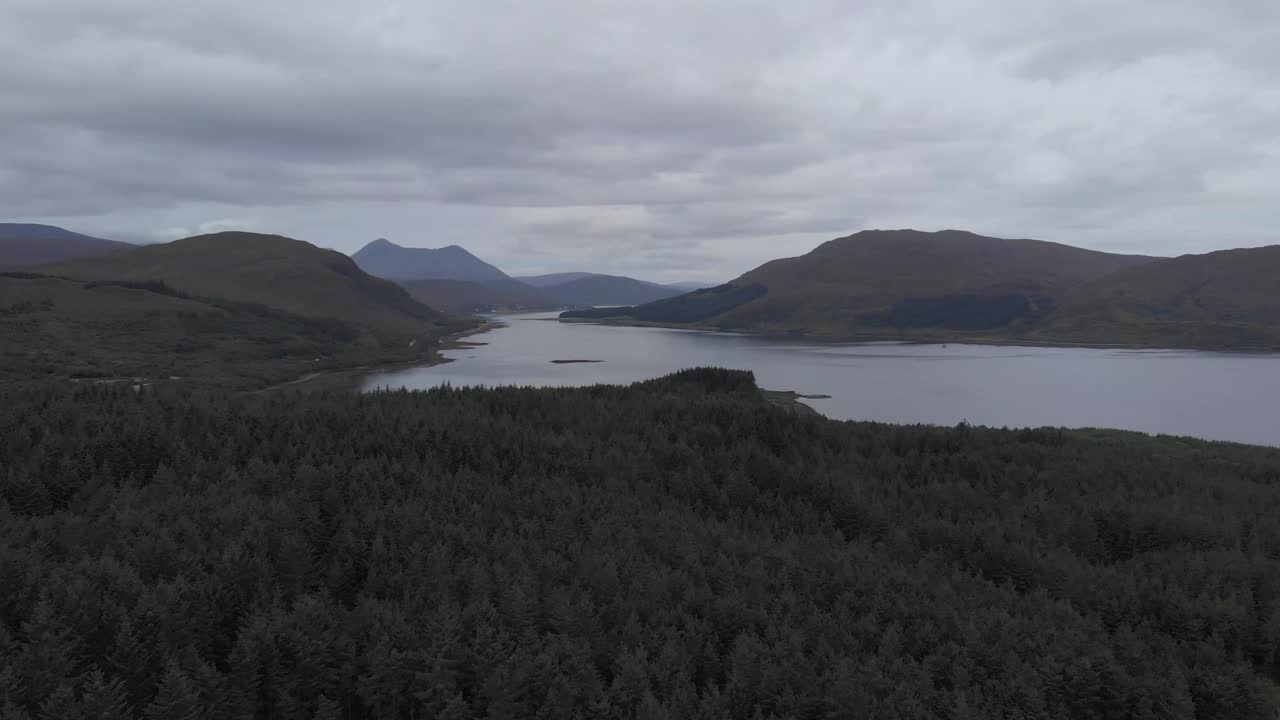 Ripresa con drone di una foresta di pini con lago e montagne sullo sfondo nell'isola di Skye, Scozia.