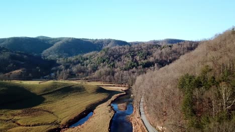 aerial push in toward the watauga river in watauga county nc, north carolina near boone and blowing rock nc, north carolina