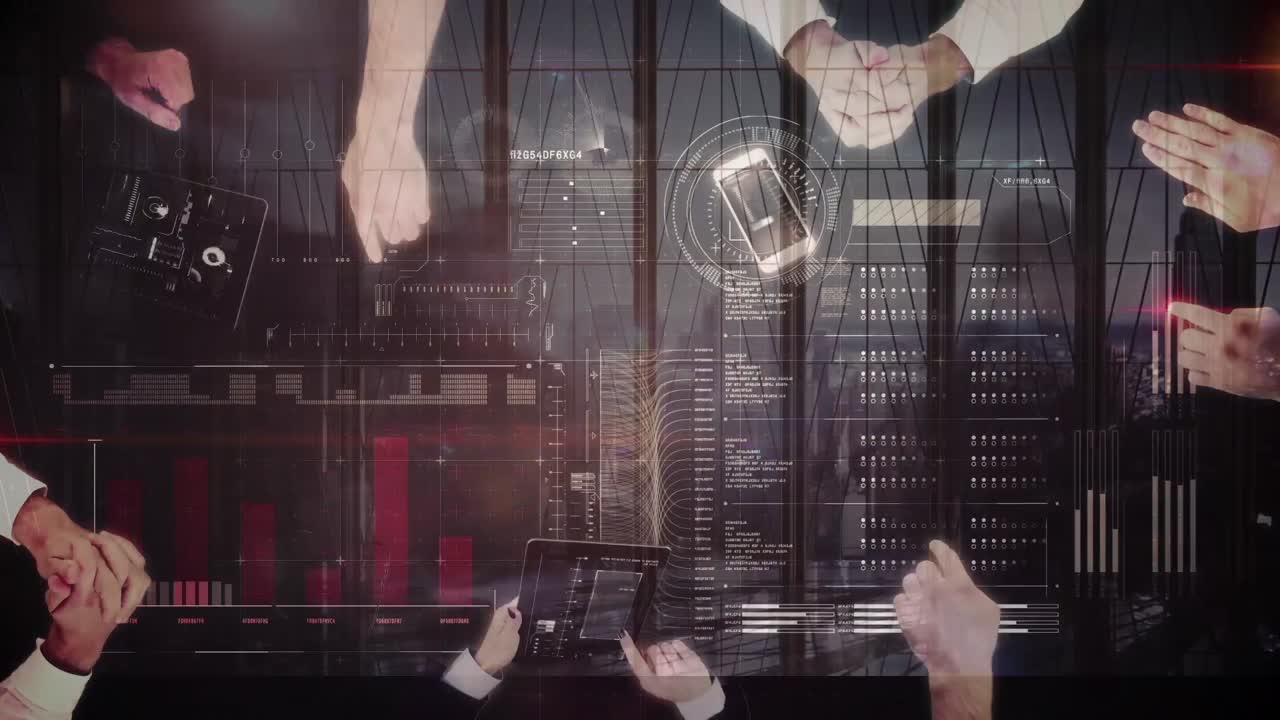 사무실에서 사업가 그룹에 대한 데이터 처리의 애니메이션