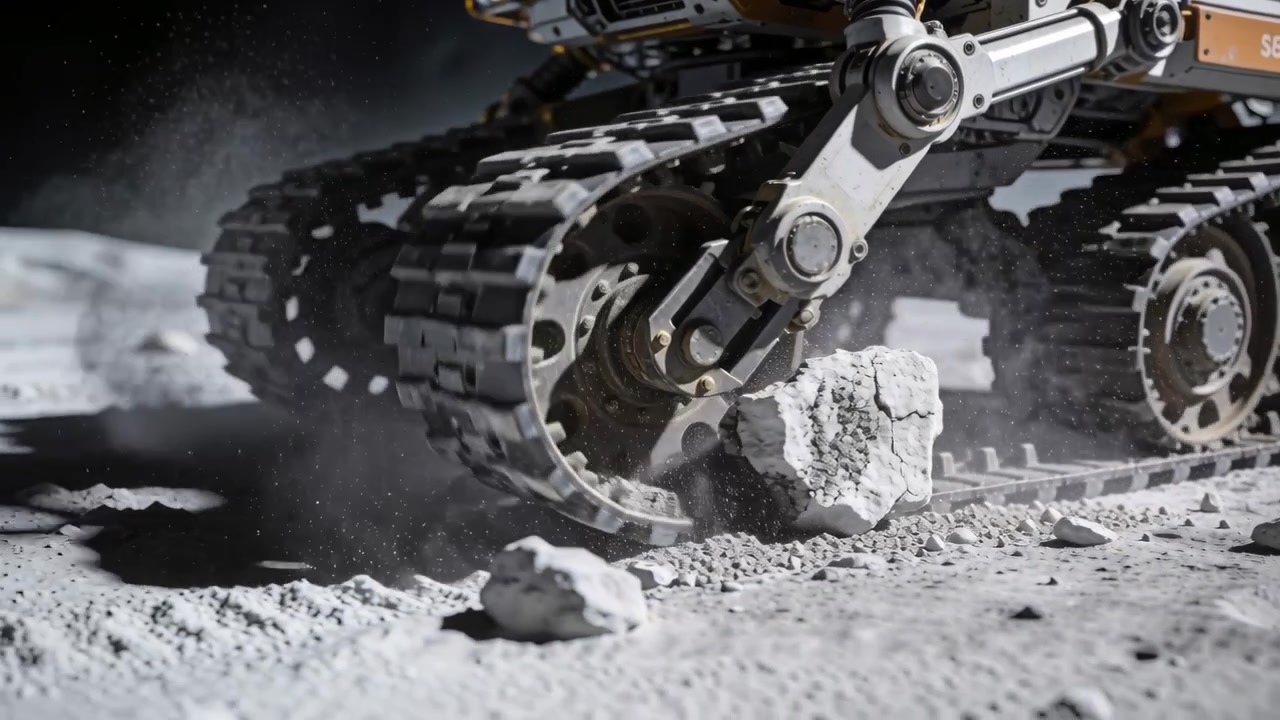 Ruota dentata che colpisce una roccia, rover cingolato con cingoli rotanti che schiacciano la roccia e sollevano polvere per attraversare il suolo lunare.