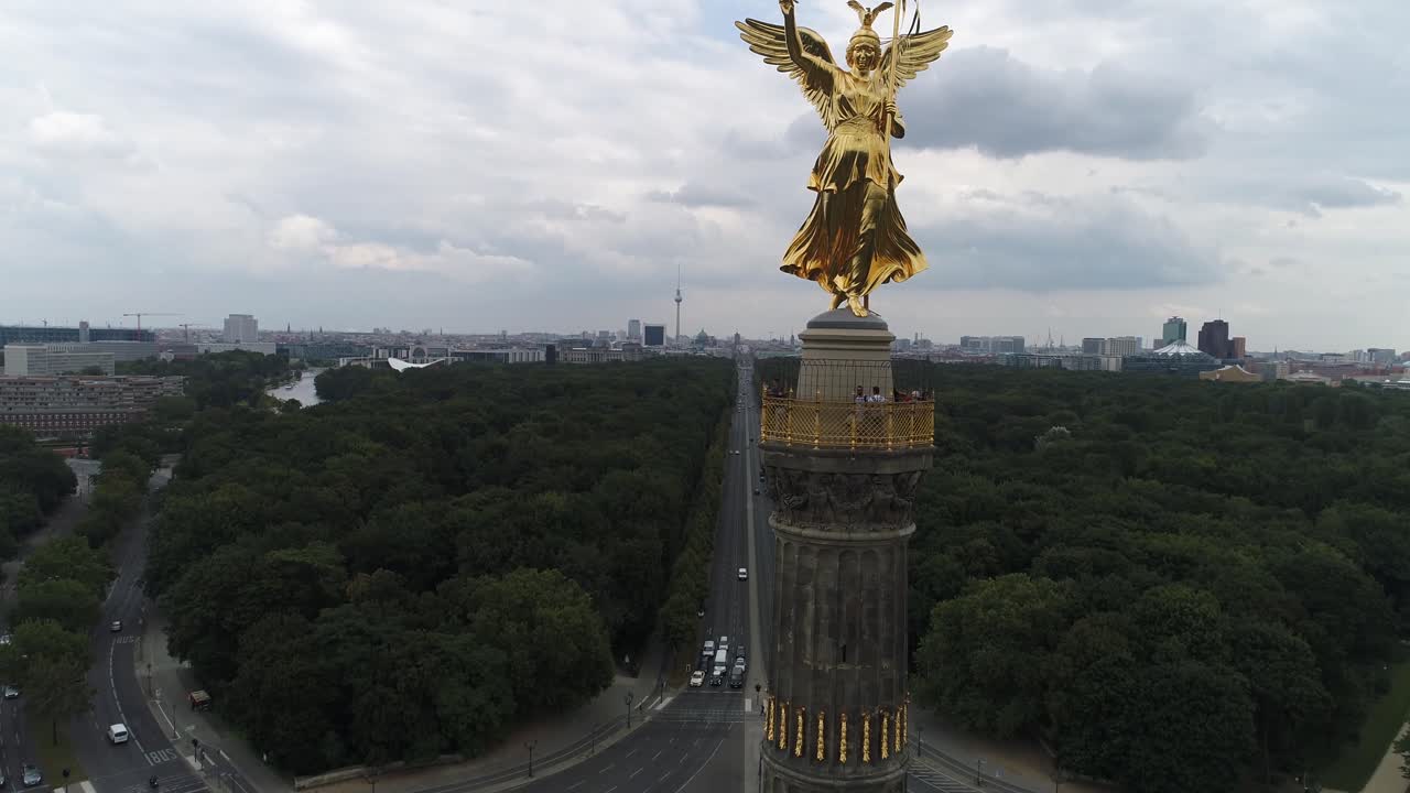 Berlin Drone shot of the Siegessäule with skyline