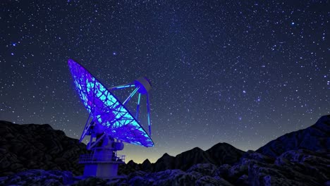 observatorio del cielo nocturno con radiotelescopio iluminado