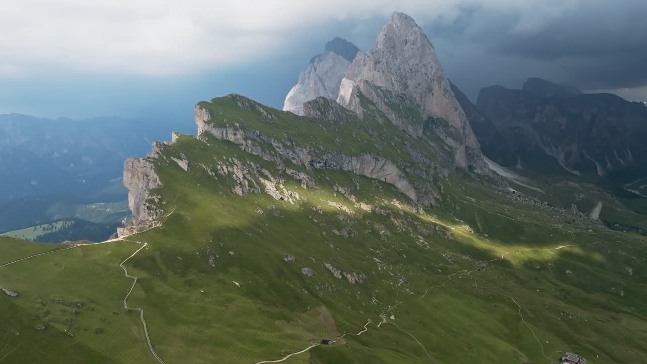 Above Seceda Mountain ridge in the dolemites of Italy