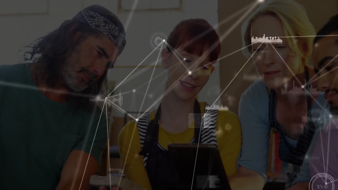 Cafe staff pointing tablet coworker scrolling data, colleague joining and team syncing smartphone