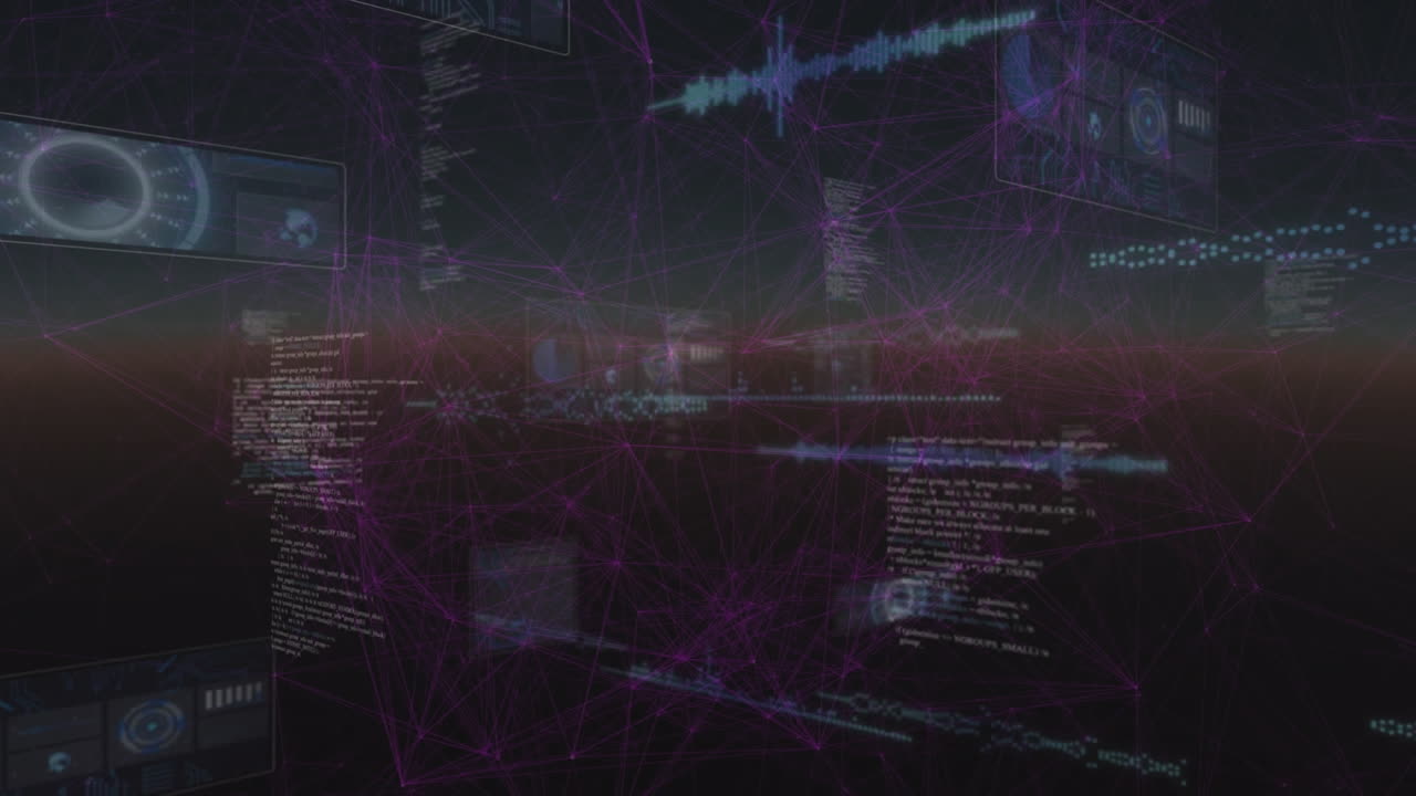 Animation of network of connections and data processing on black background