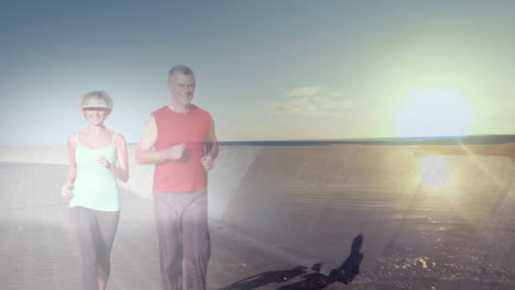 animation of glowing light over senior couple running by seaside