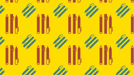 Animation-of-red-and-green-school-pens-and-pencils-icons-on-yellow-background