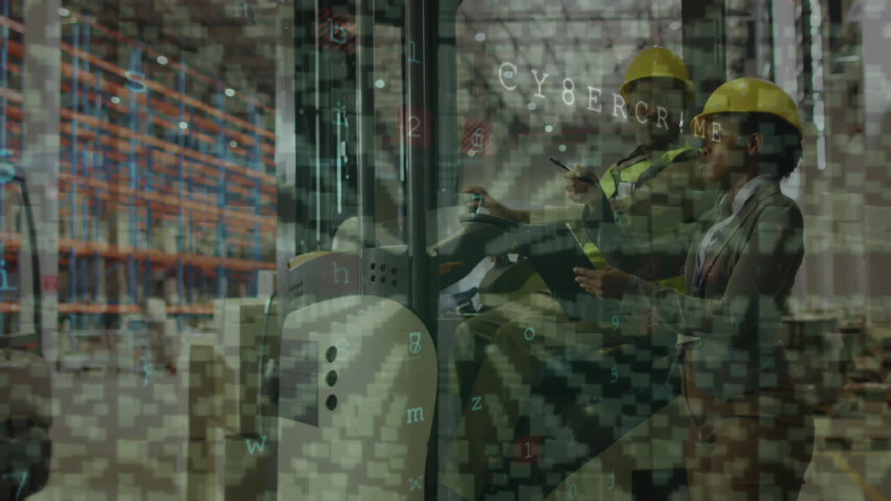 회로판의 애니메이션과 창고에서 일하는 다양한 사람들에 대한 데이터 처리