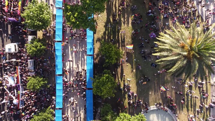 Aerial top-down view of pride parade in the streets of Buenos Aires, Argentina