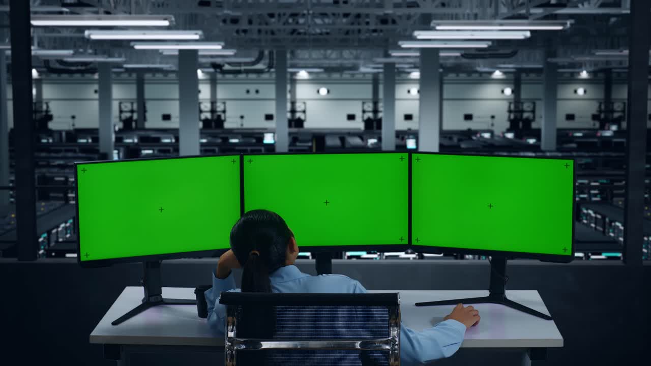 데이터 센터에서 여러 컴퓨터 모니터를 모방하는 지루한 아시아 여성의 뒷면
