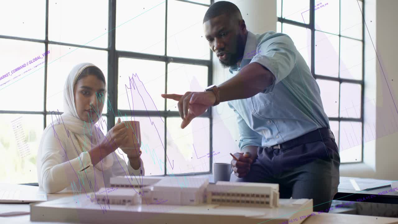Woman architect holding mug, man lead pointing, refining model, purple sketches reflecting on pane