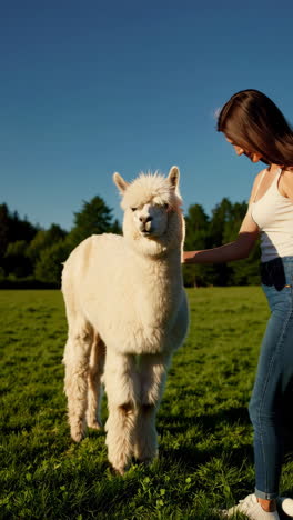 a woman interacting with a white alpaca in a sunny field