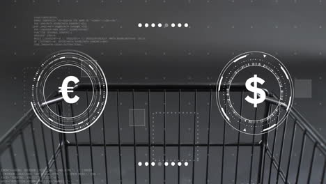 animation of currency symbols with data processing over shopping cart on grey background
