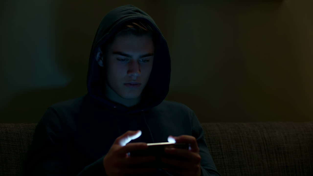 Jovem de Moletom Usando Smartphone em Sala de Estar com Pouca Luz, Brilho Azul da Tela Iluminando o Rosto Focado