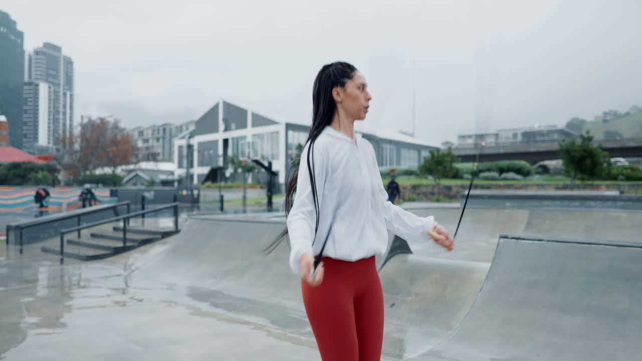 街中でフィットネスと縄跳びをする女性