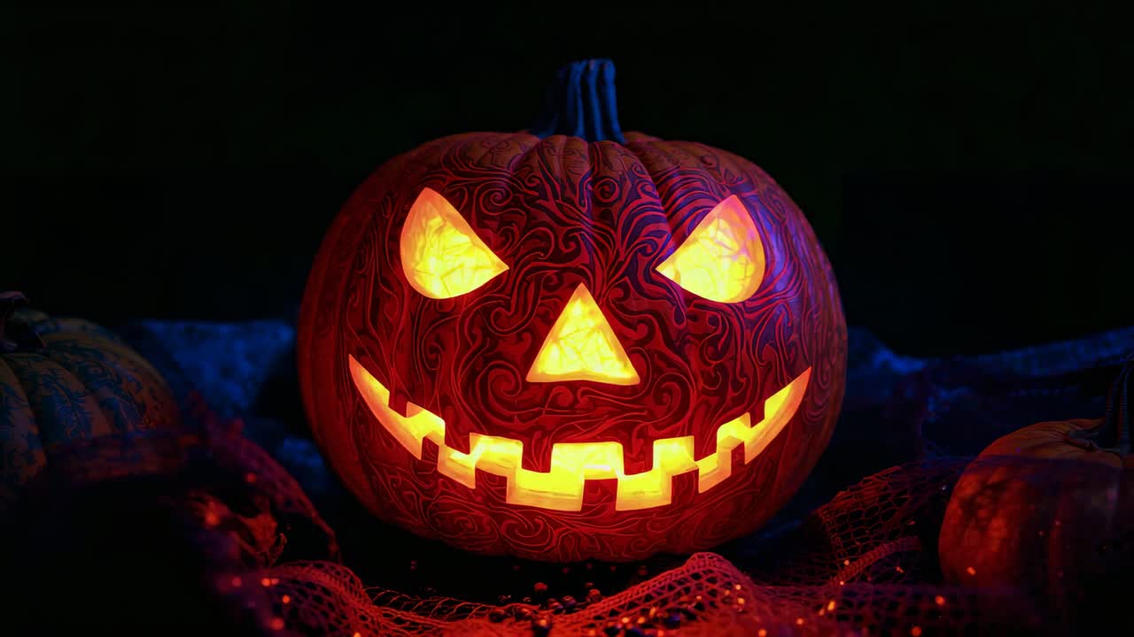 Pulsing internal light highlighting vine patterns on jack-o'-lantern on netting, shifting hue