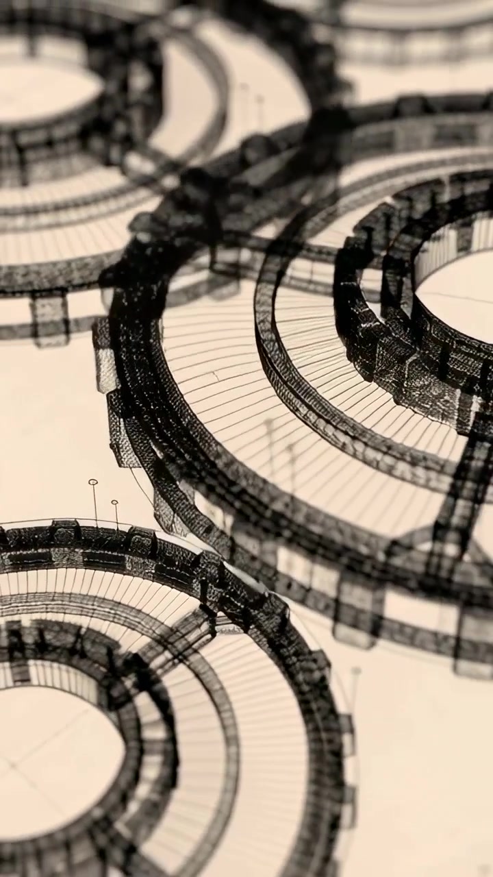 Vertical video: Panning camera revealing wireframe rings in drafting view, to show bridges