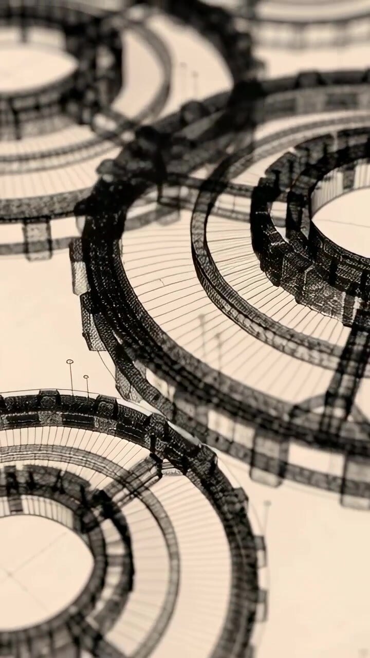 Video verticale: Telecamera in panoramica che rivela anelli wireframe in vista di progettazione, per mostrare ponti.